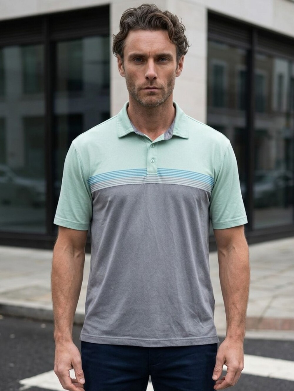 ZELOS Performance Stripe Polo XL Mint Gray Golf Shirt Stretch Athletic Casual